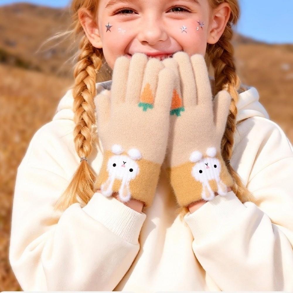 High Elasticity Cartoon Rabbit Gloves Windproof Kids Hand Warmers Knitted Gloves  For Kids