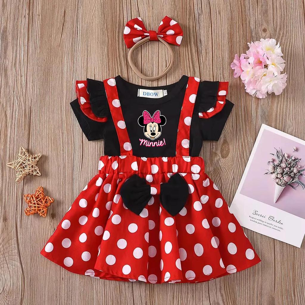 2 Stück/Set Mickey Minnie Maus Kinder Outfit Baby Mädchen Sommer Abend Kinder Punkte Oberteile Rock Cosplay Kleid mit Stirnband Schleife