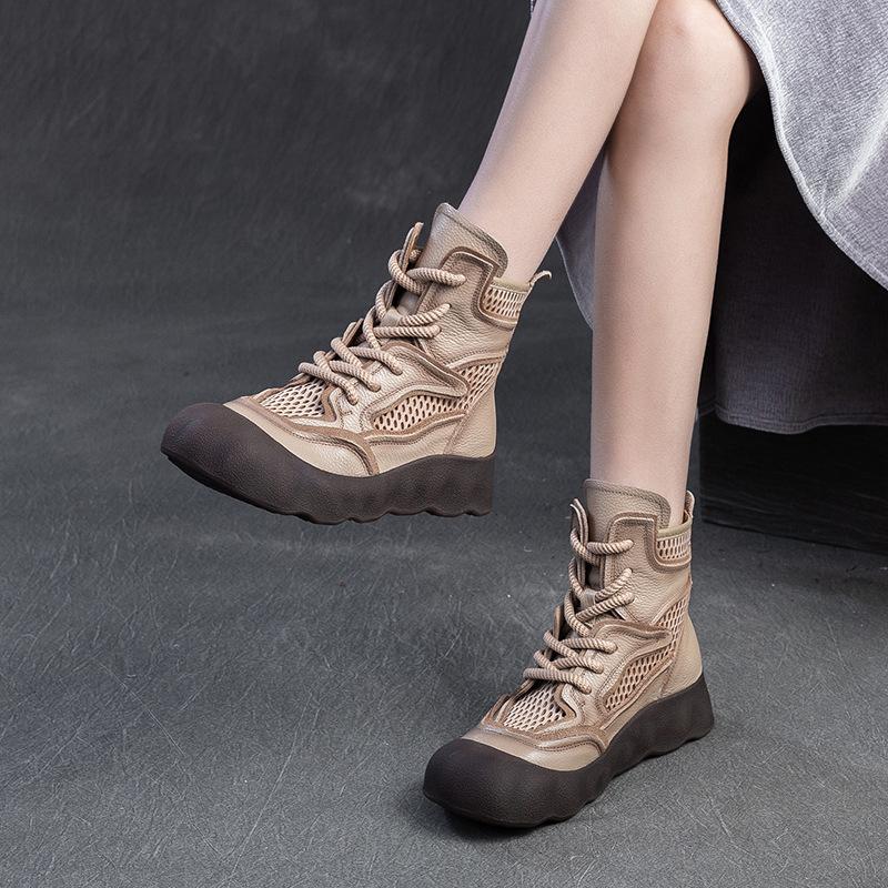 Fashion 4CM 2025 High Quality Spring/Summer New Hollow-out Breathable Retro Short Boots Genuine Leather Thick Soled Women's Shoes