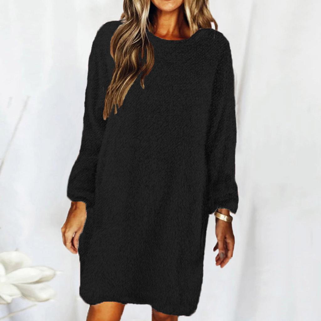 Fashion Women's Solid Color Round Neck Long Sleeve Loose Plush Dress Sweater Dress
