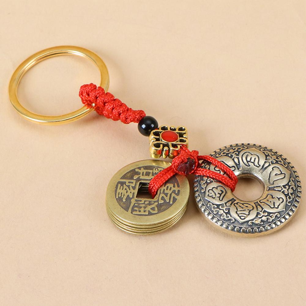 Vintage Lucky Finely Crafted Pure Copper Gourd With Five Emperors CoinsKeychain Charm Feng Shui Keyring Wealth-Attracting Decor