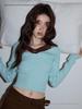 Mint Green Korean Style V-Neck Waist-Cinching Slim-Fit Long-Sleeve Knit Top - Women's 2025 Autumn Collection