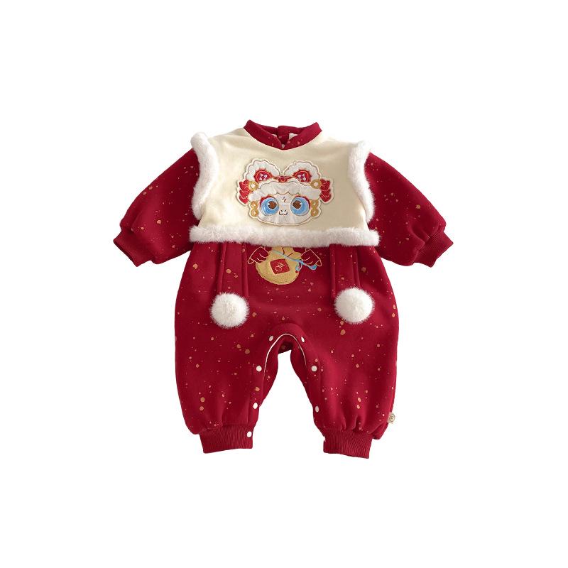 Neujahrs-Baby-Strampler 2025: Bestickter Samt mit Bommeln - Super süßes Winter-Neugeborenen-Outfit für das Chinesische Neujahr.