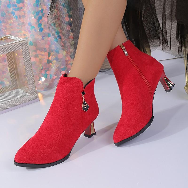 New thin-heeled mid-heeled pointed fleece boots and bare boots in autumn and winter, short tube, solid color high heel.