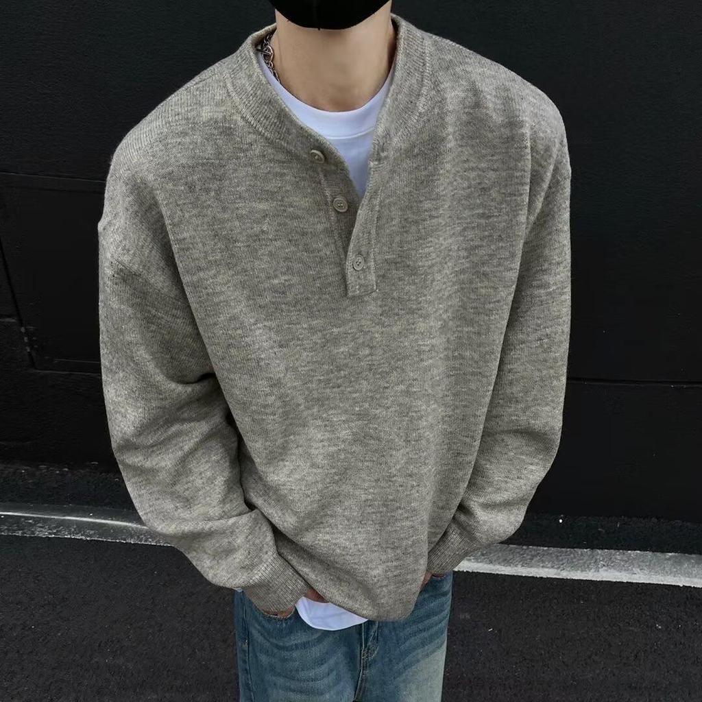 Men's Black Retro Henley Sweater - Lazy Spring/Fall Knit Top