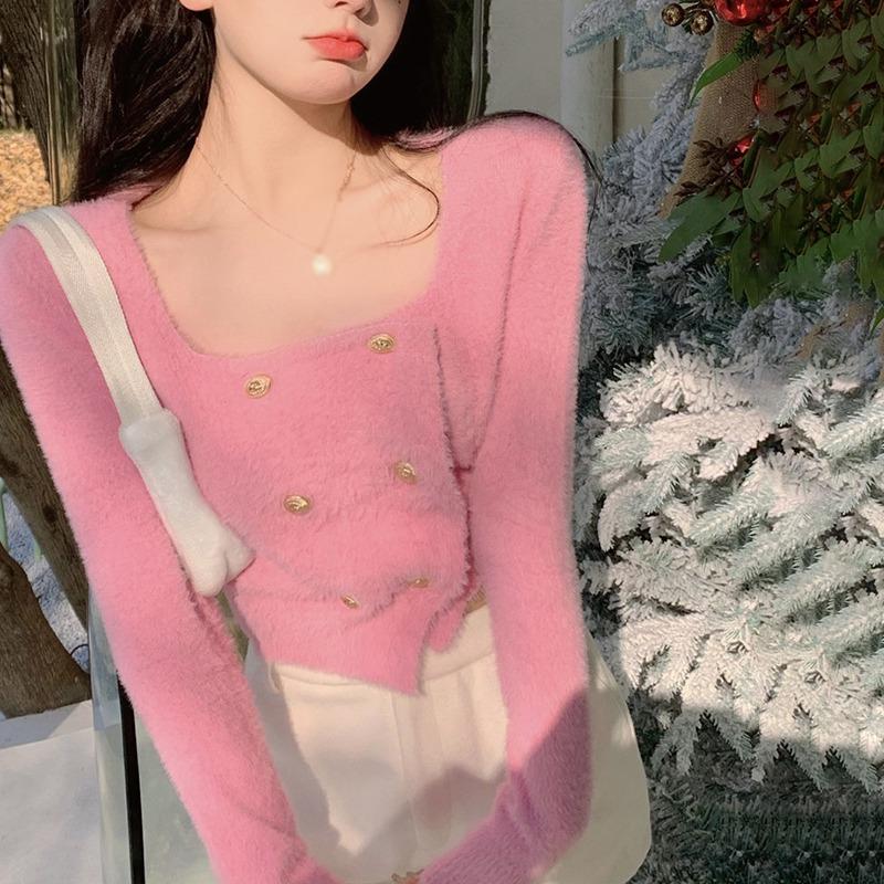 Women's Sweater Short Style Square Neck Long Sleeve