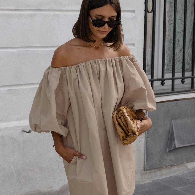 Seksowna sukienka khaki z odkrytymi ramionami i bufiastymi rękawami, modna krótka sukienka dla kobiet