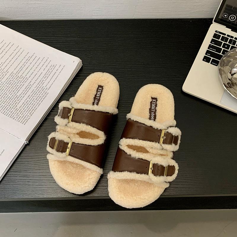 [Uncle Shoes] Birkenstock's new 2025 going out, fluffy cotton slippers, thick-soled fluffy slippers, women's outer wear retro home