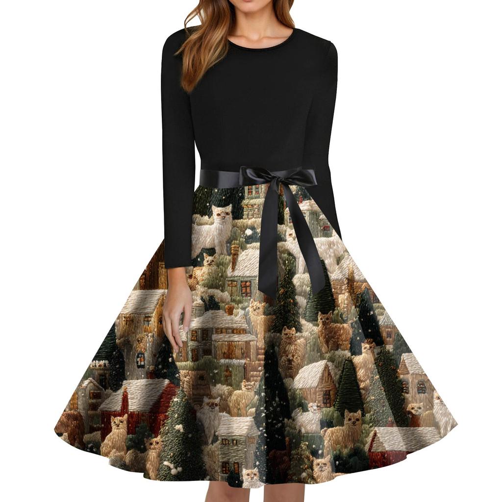 Women's Fashion Round Neck Slim-Fit Christmas Print Long-Sleeved Dress