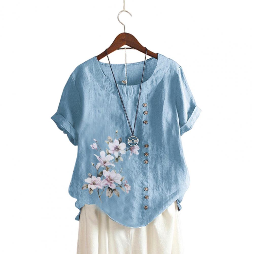Women Summer T-shirt Round Neck Short Sleeve Flower Print Tee Shirt Buttons Decor Loose Fit Casual Tops Daily Wear
