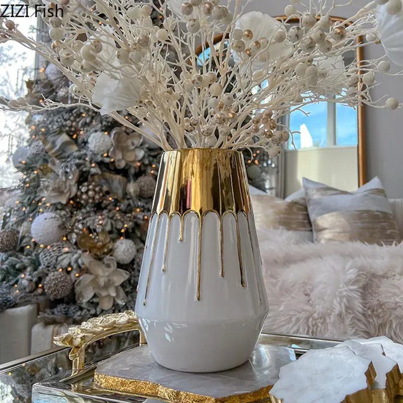 Creativity Tower Shape Gold-plated Ceramic Vase Artificial Flowers Decorative Flower Arrangement Desk Decoration Floral Vases