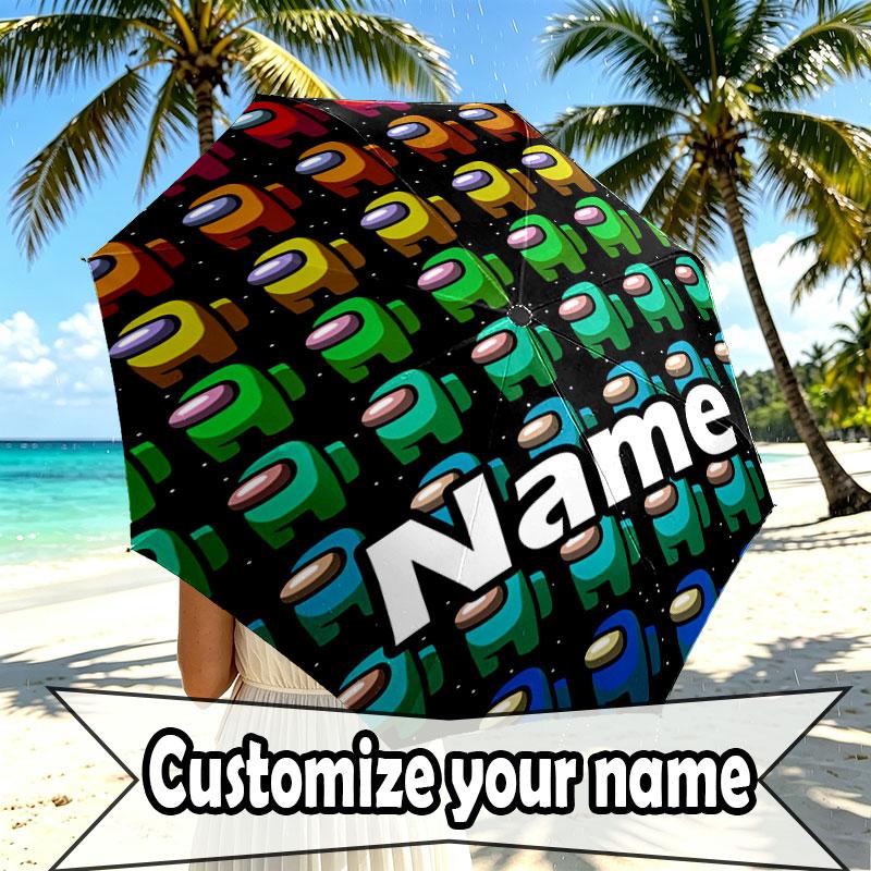 Custom Name Personalized Among Us Print Umbrella, Auto Open Close, 8‑Rib Sturdy Frame, Commute Camping Hiking Use, Birthday Gift