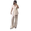 Women's Short Sleeve Belted Blazer and Wide Leg Pants Suit Set Black Casual Outfit