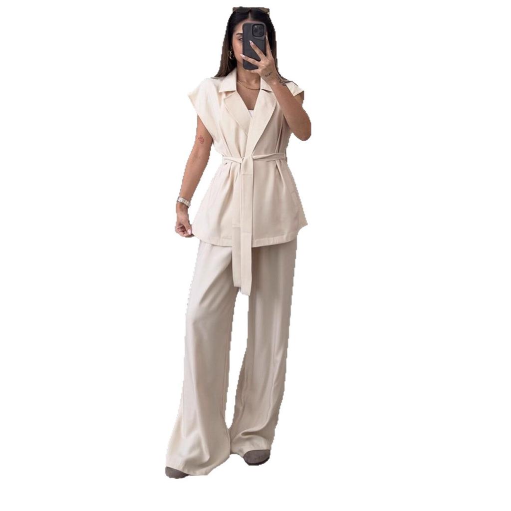 Women's Short Sleeve Belted Blazer and Wide Leg Pants Suit Set Black Casual Outfit