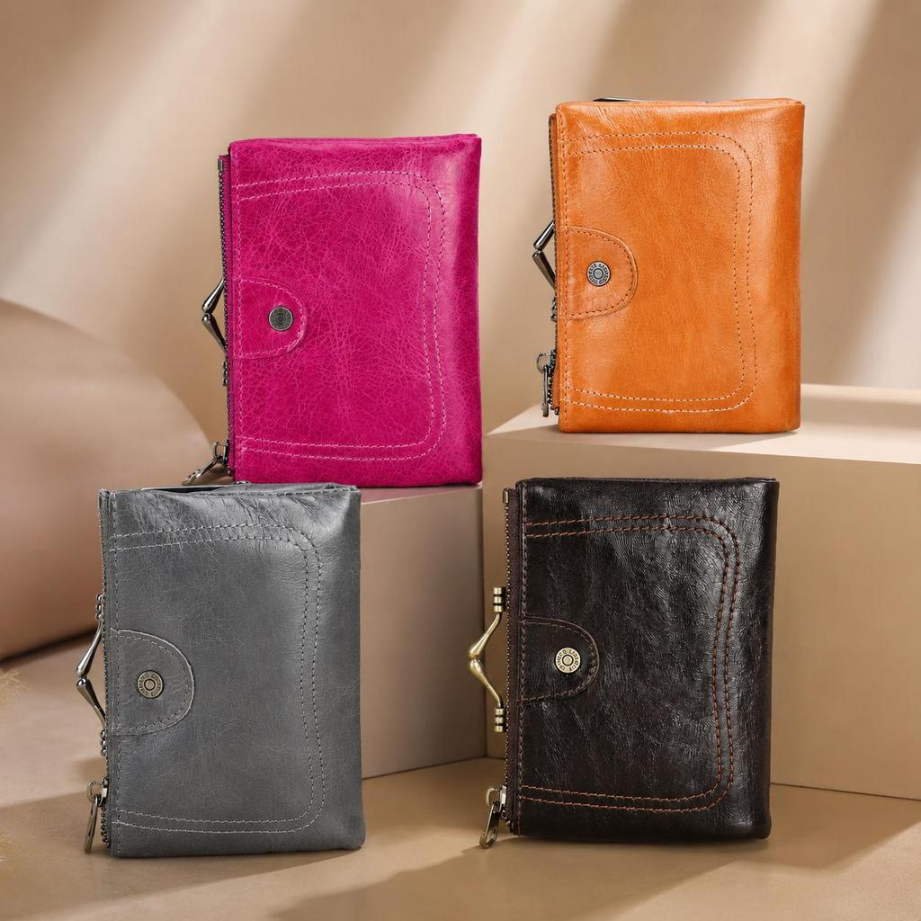 CONTACTS Cartera de Cuero Genuino para Mujer con Cierre de Beso Billetera Pequeña de Metal para Monedas Cierre de Broche y Cremallera Bolsillo para Monedas Portatarjetas de Crédito RFID Mini Cartera