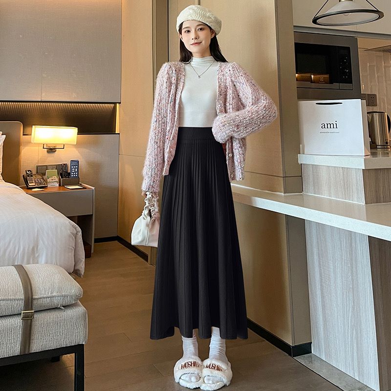 

Юбка средней длины для женщин, которые выглядят стройнее осенью и зимой, высокая талия, плиссированные, средней длины, свободная французская длинная юбка One Size чёрный