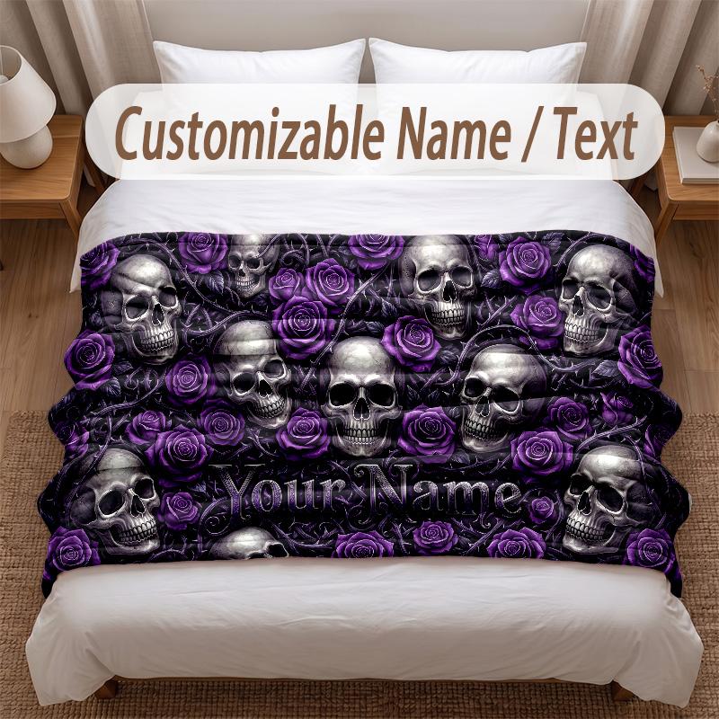 Skull Gothic Theme Soft Blanket Personalized Custom Name Text Print Warm Blanket Home Sofa Bedroom Decor
