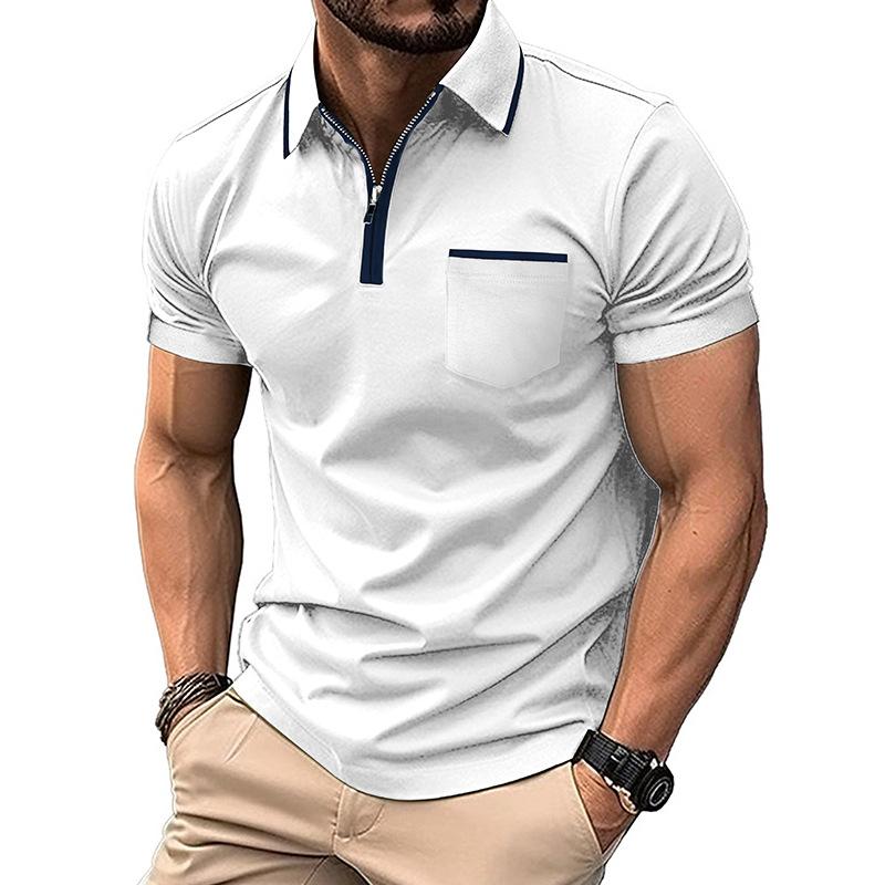 Men s Color Block Trim Half-Zip Pocket Detail Short Sleeve Polo Shirt S белый