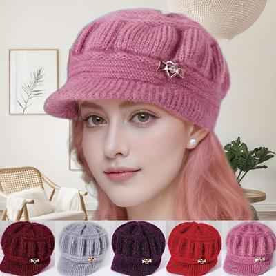 1 Piece of Women's Winter Velvet Lined Hat - Soft and Warm Foldable Christmas Knitted Hat, Elastic and Stretchable Fit, Bow Brooch Decoration,