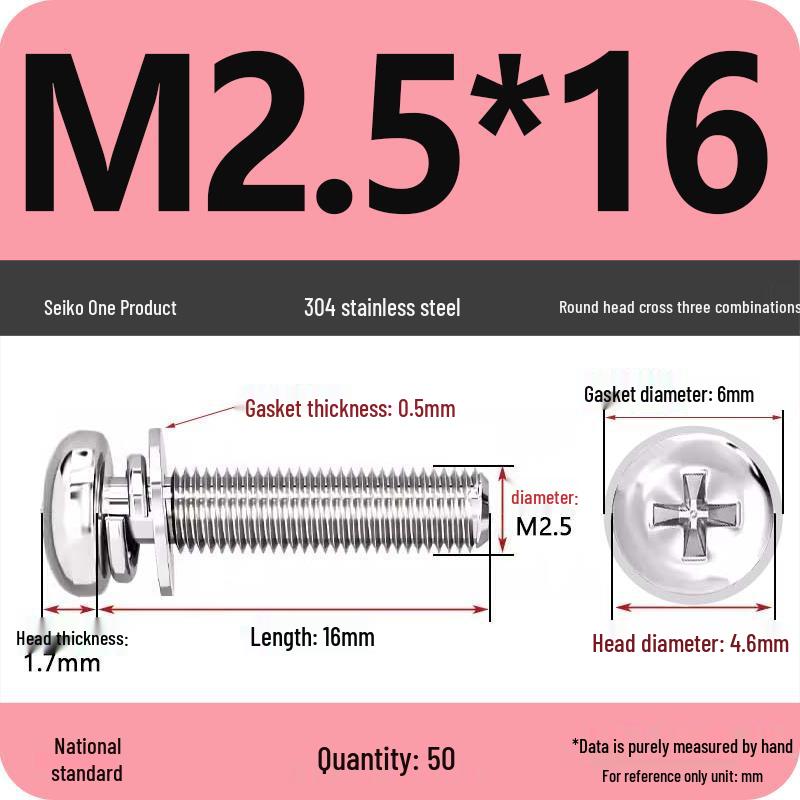 304 Stainless Steel Round Head Phillips Screw with Flat Washer (Sizes M3, M4, M5, M6)