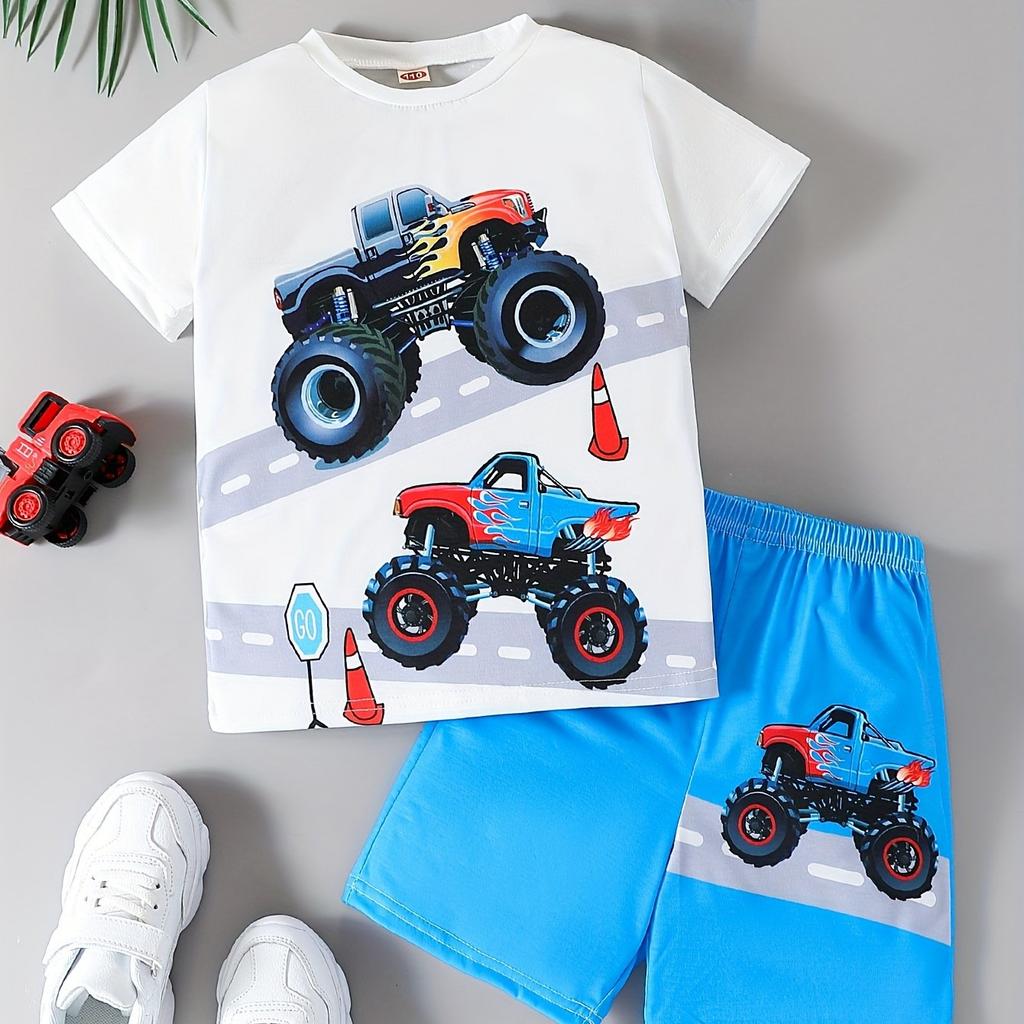 2-Piece Boys Casual Summer Outfit Set, Monster Truck Print Versatile Short Sleeve Tee & Shorts Set