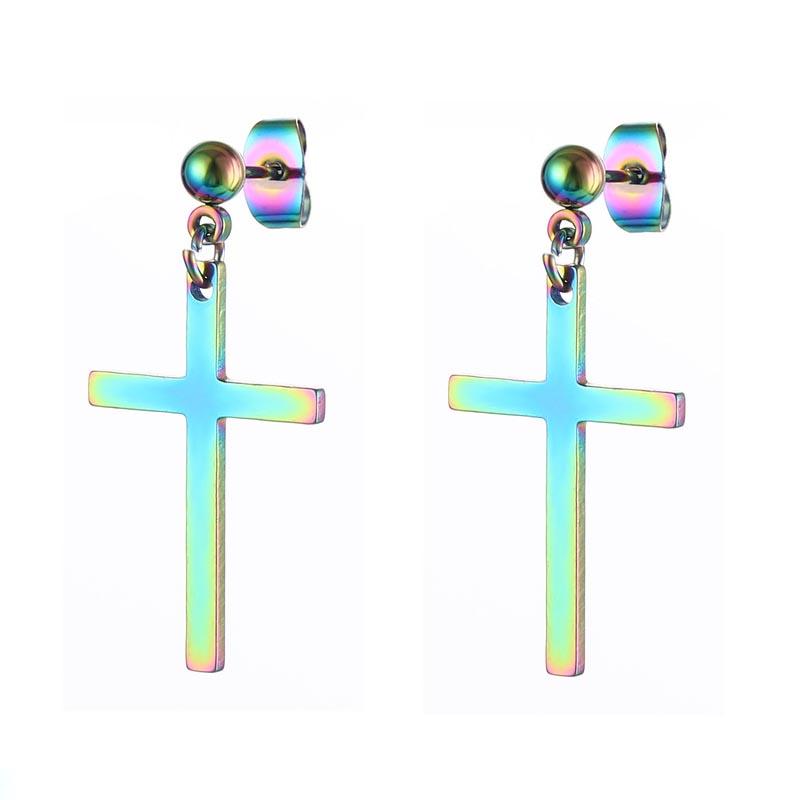 WKOUD 2PCS Stainless Steel No Piercing Cross For Men Kpop Clip On Cross Earring Gothic Punk Fake Ear Cuff Cross Earring Dangle