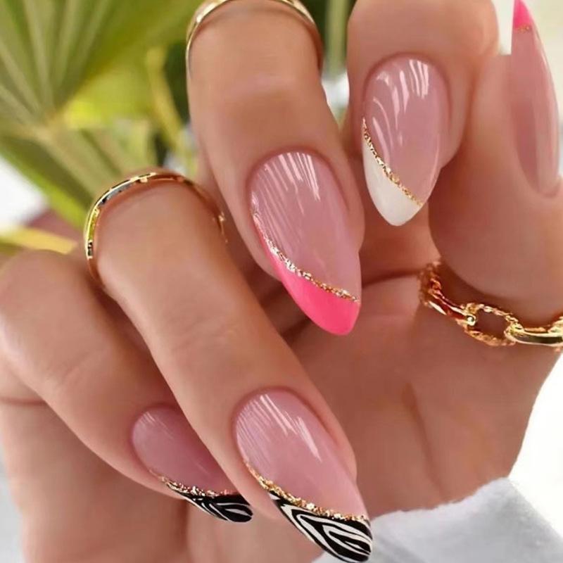 24 Piezas Negras Desmontables Almendra Francesas Cobertura Completa Uñas Postizas Con Líneas Plateadas de Mariposa Stiletto Press On Nails Para Manicura DIY
