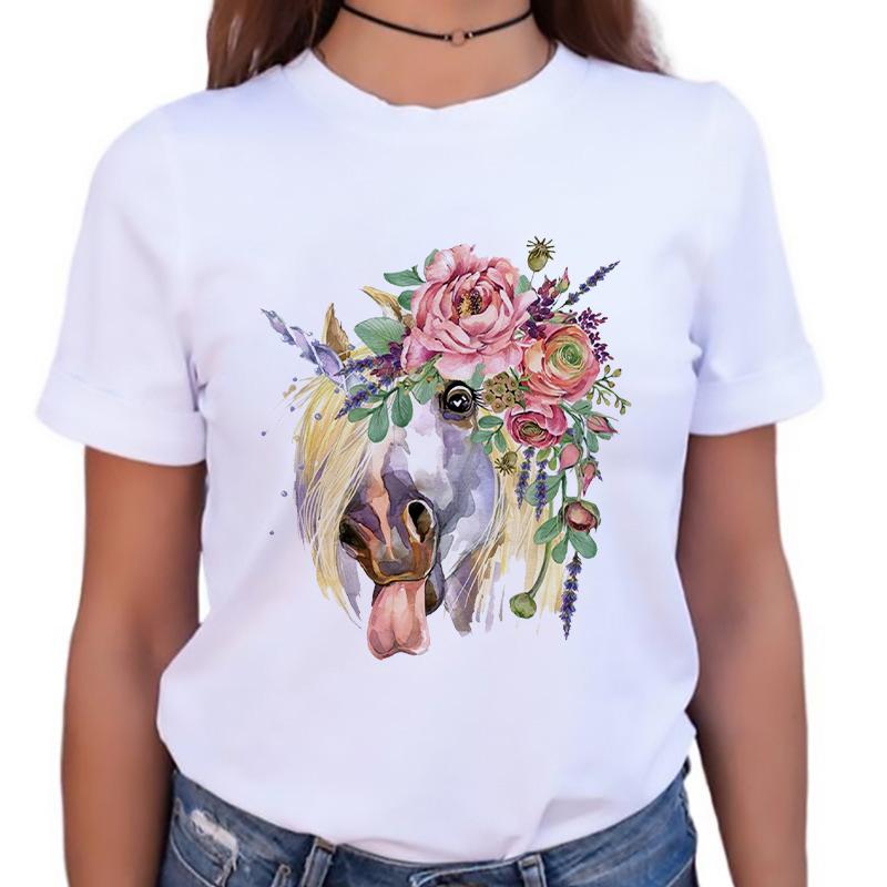 Womens Tshirt Stylish O-Neck Short Sleeve Cartoon Horse Simple Female Tee Tshirts Summer Clothes White Tops 90S Female T Shirt