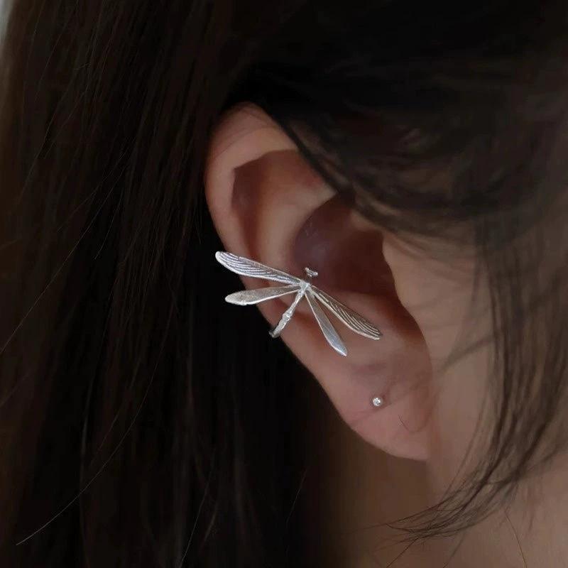 Silvery Dragonfly Earrings for Women Girls Ear Clip Niche Design Vintage Creative Jewelry Gifts Party Wholesale