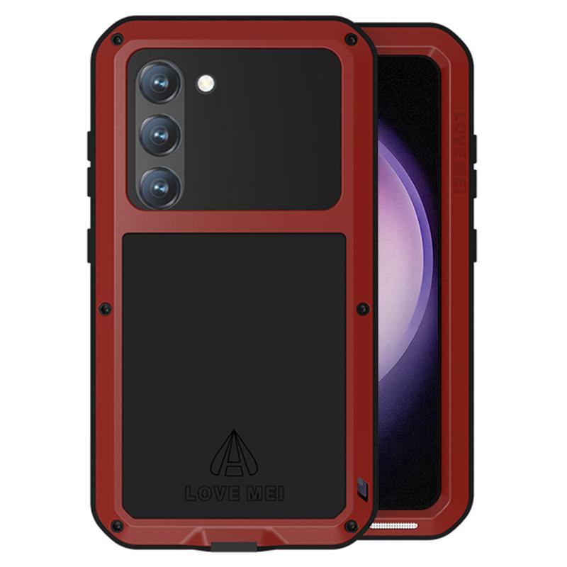 

LOVE MEI For Samsung Galaxy S23 Shockproof Anti-drop Phone Case Silicone+Metal Cover with Tempered Glass Film Red