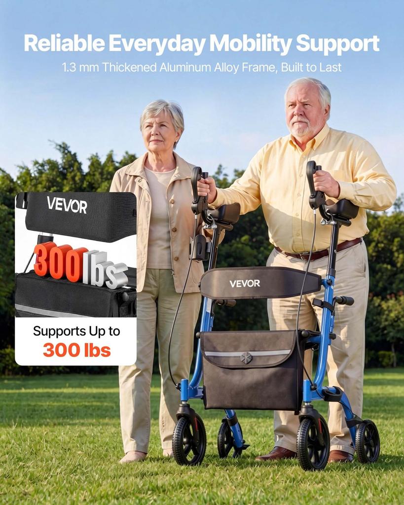 Rollator Walker with Seat for Seniors, Foldable Rolling Walker, Lightweight Aluminum Mobility Walking Aid with PU Solid Wheels, Adjustable Handle,