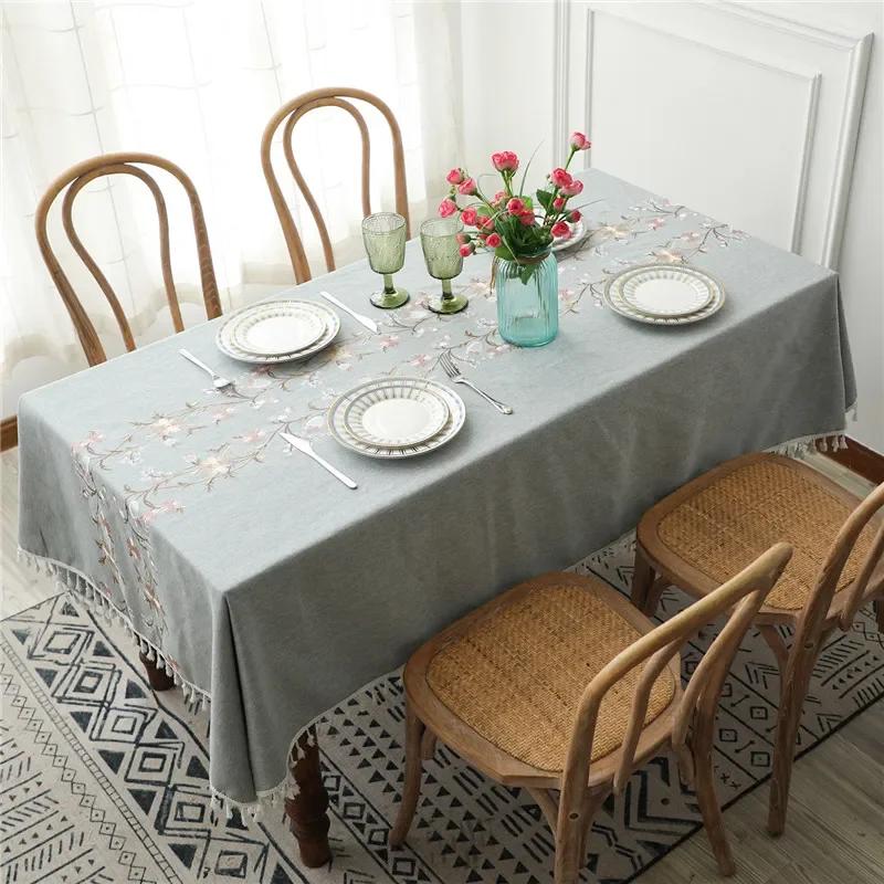 Floral Embroidery Tassel Tablecloth, Cotton Linen, Dust Proof Table Cover, Kitchen, Dining Room,Home Party, Tabletop Decor