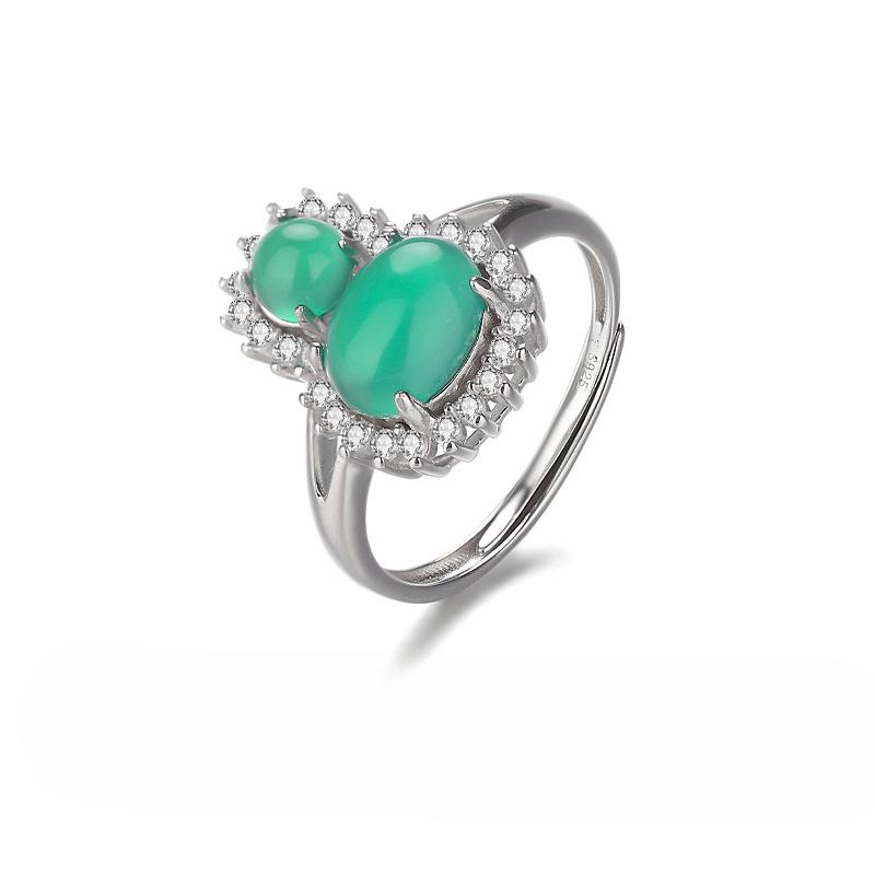

S925 Sterling Silver Chalcedony Gourd Ring Female Retro Seiko Jade Fulu Open Ring Court Style Ring opening adjustable