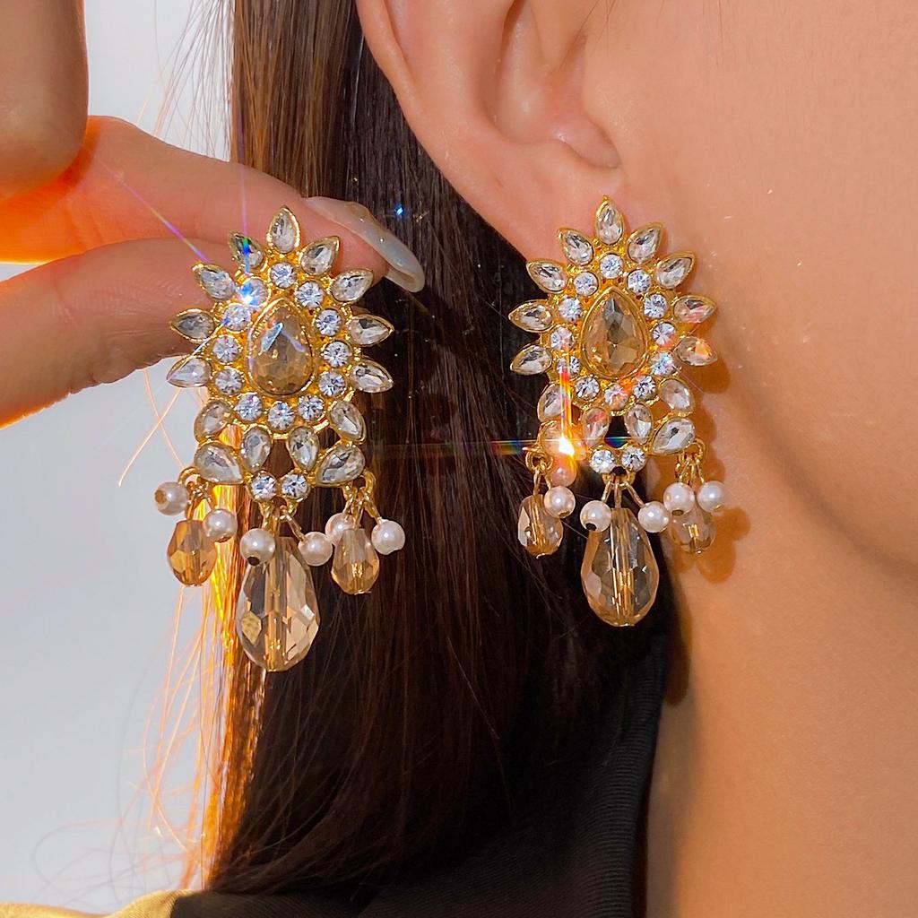 Silver Needle Diamond Pearl Water Drop Pendant Earrings Medieval Vintage Temperament Earrings Light Luxury High-end Earrings Women