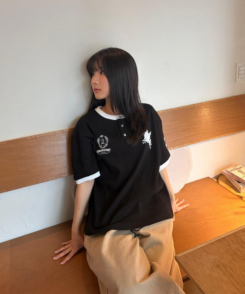 AWESOME STUDIO Waffle Henley Neck Ringer Color Block Tee Black