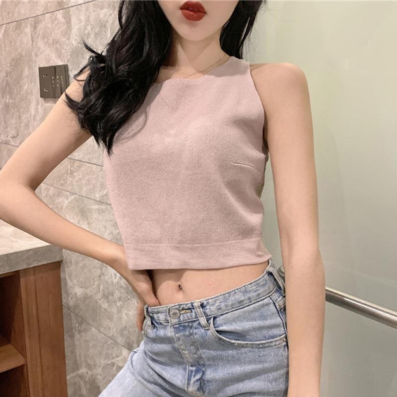 Women's Top Sleeveless O Neck Solid Casual Lace Up Backless Lace Stitching T-Shirt