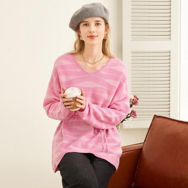 

TUHUANG Women s Pure Wool Color-block Relaxed Fit V-Neck Sweater M