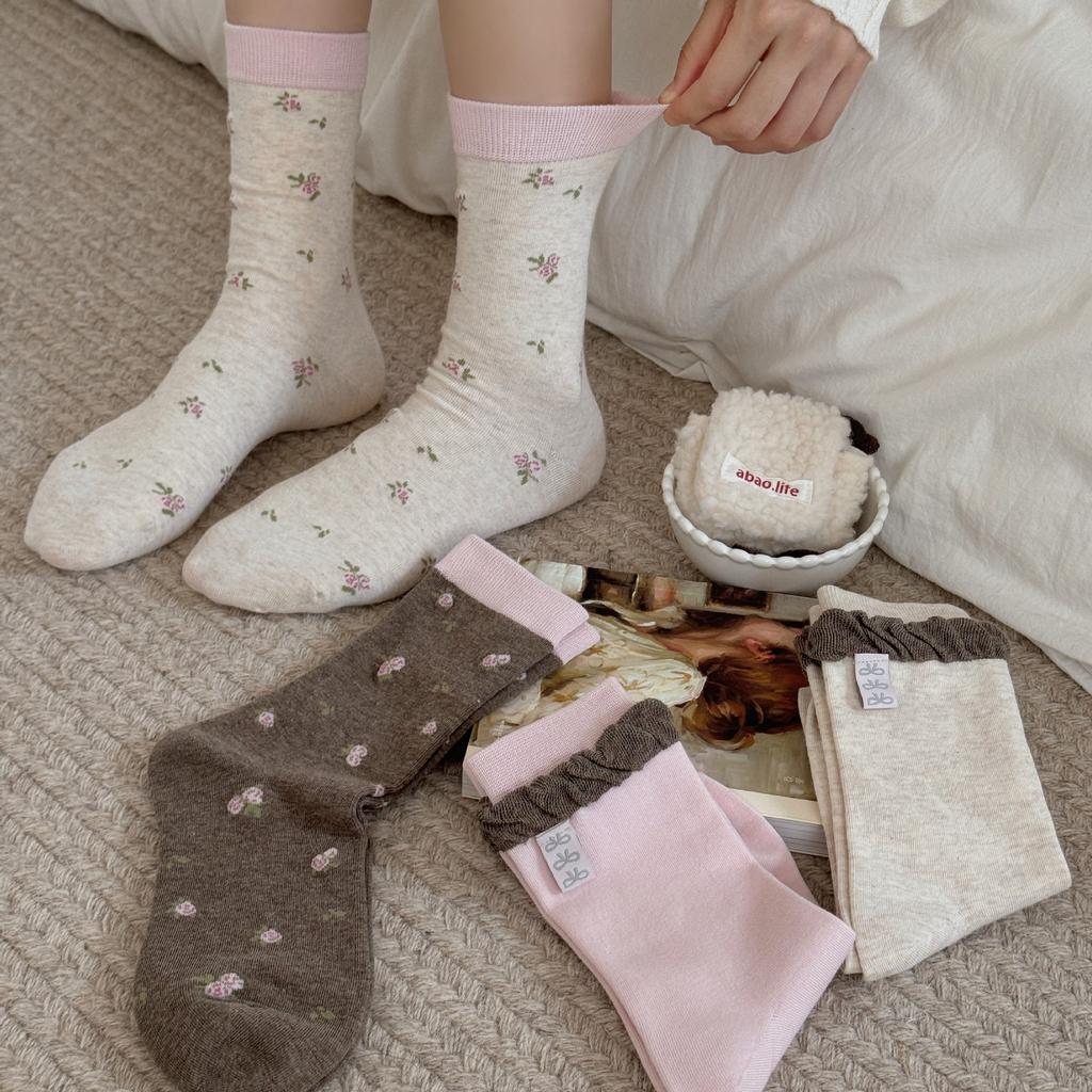 Lady Spring and Autumn Cloth Label Bow Small Broken Flower Bubble Mouth Boneless Tube Pile Socks
