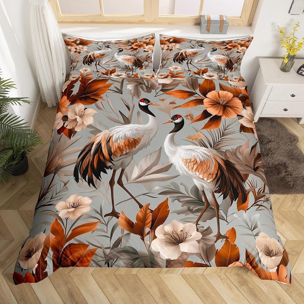 Crane Duvet Cover Twin King Traditional Chinese Style Painting Quilt Cover Chrysanthemum Flower Floral Bedding Set For Dorm Room