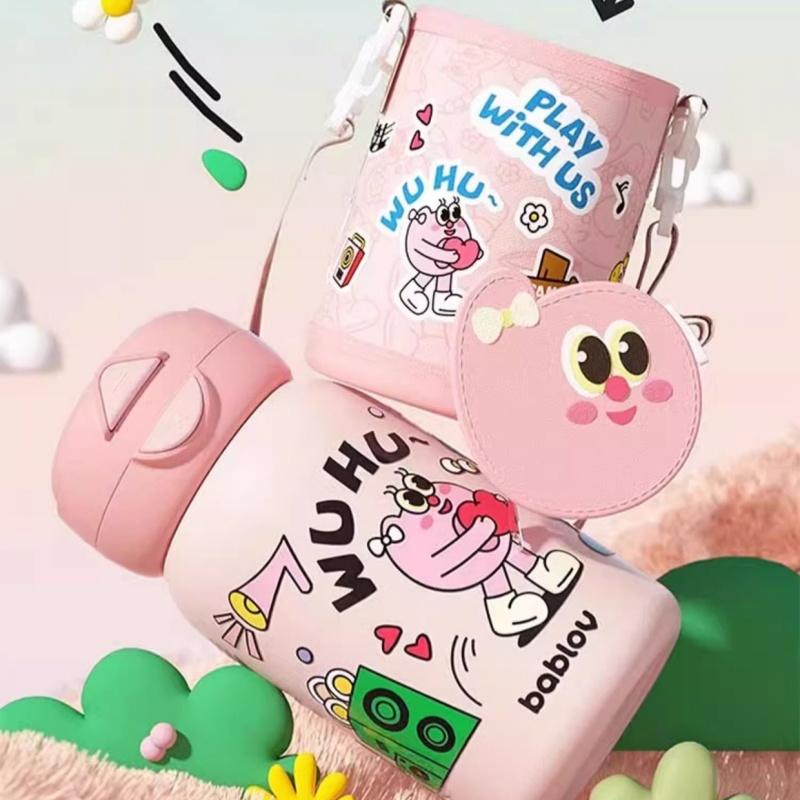 Bablov 550ML Thermos Water Bottle With Straw Cute Cartoon Stainless Steel Vacuum Flask Kids Portable Outdoor Camping Water Cup