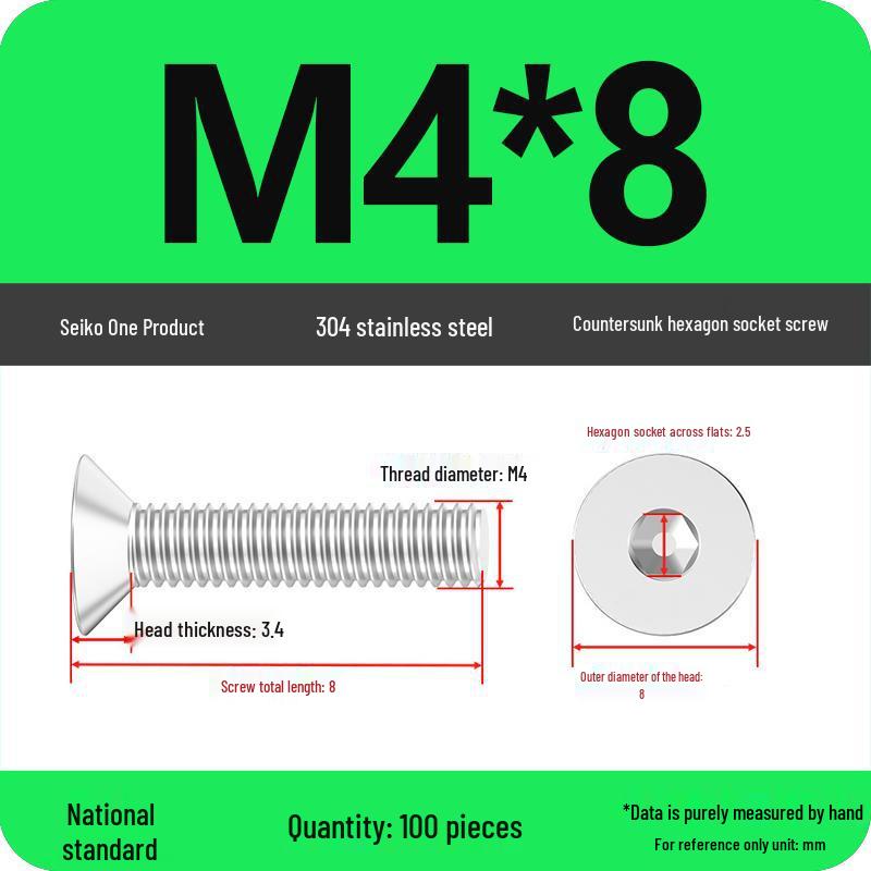M2-M10 Stainless Steel Flat Head Machine Screws and Bolts Set, Countersunk Hex Socket Cap, 304 Grade.