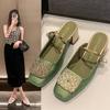 Baotou Half Slippers Women with Spring and Summer Chinese Mary Jane Slippers Rear Empty Thick Heels Cool Slippers Women