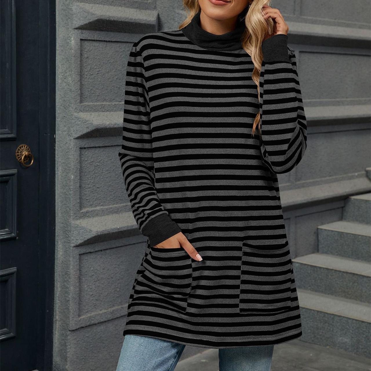 HNXC Женские модные повседневные осенне-зимние блузки и рубашки с принтом в полоску — фото 4