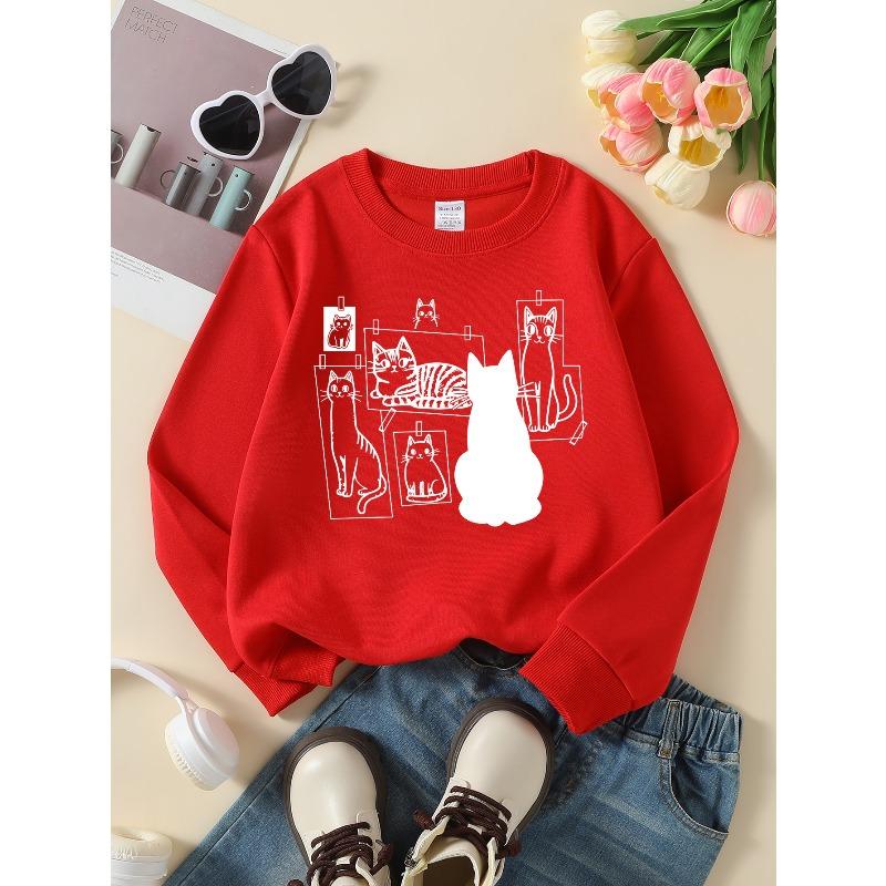 European sizes Girls' Crewneck Sweatshirt Cat Silhouette Art Prints Collection, Soft Comfortable Casual Wear for Children & Teenagers