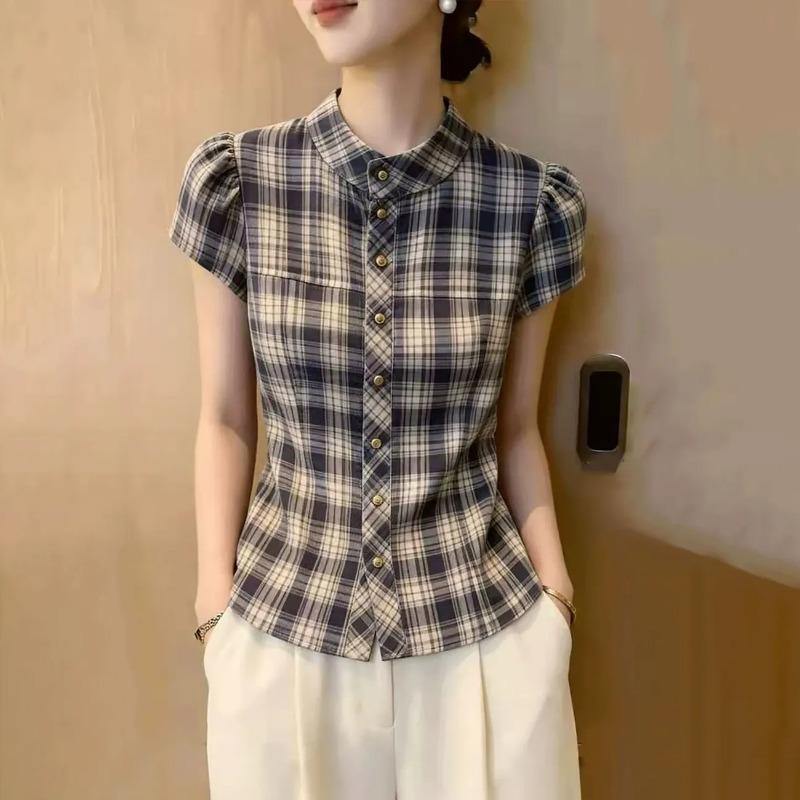 Women s Plaid Mandarin Collar Puff Short Sleeve Slim Fit Button Down Shirt M синий