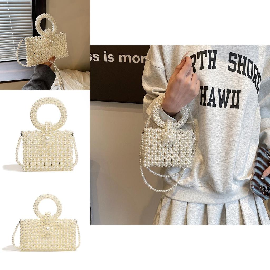 Elegant Lady Pearl Handbag Small Crossbody Bag Pvc With Pearl Embellishments For Daily Use