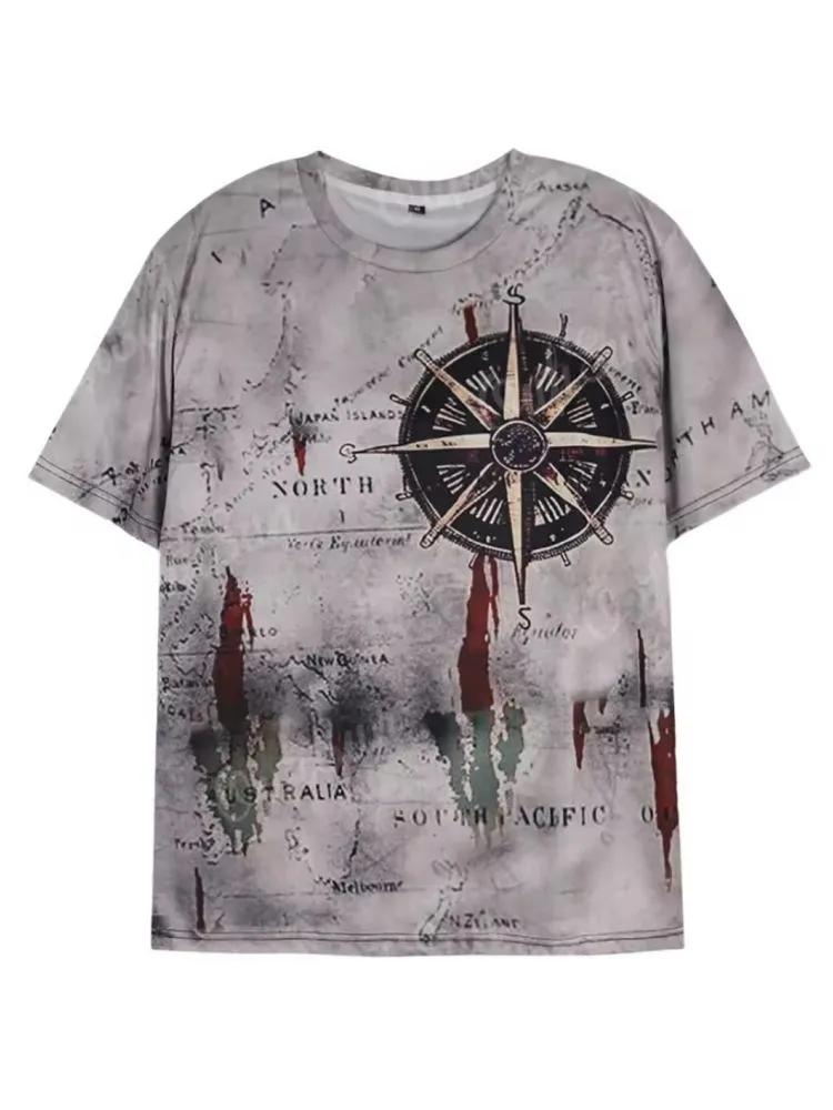 Men's Maritime Compass T-Shirt, Antique Map Design with "North" and "South Pacific" Text, Casual Crew Neck for Men