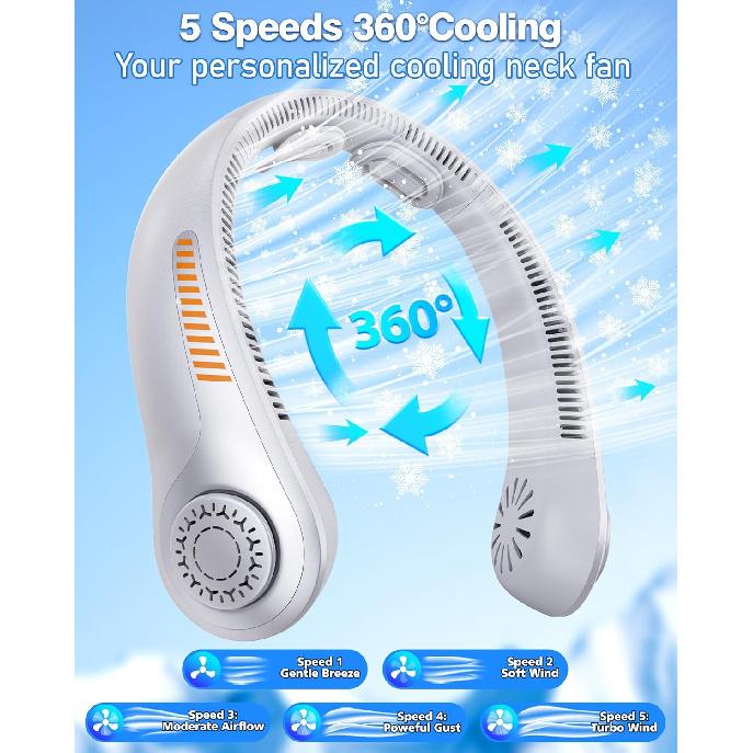 Portable Neck Fan - Rechargeable Personal Fan with Neck Support, 5-Speed Quiet Lightweight Long Lasting Neck Fan, Battery Operated Full Surround