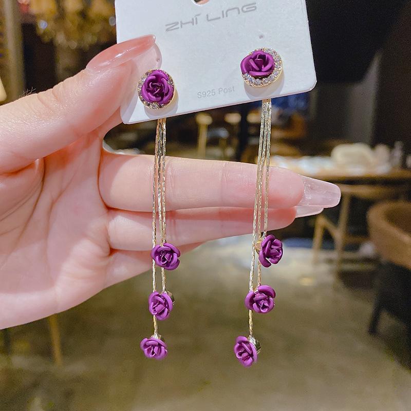 Silver needle red rose fringed earrings women's tide simple niche design showing face thin earrings earrings