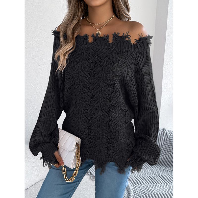 Podzimní Zimní Svetry Dámské Jednobarevné Prolamované Dlouhý Rukáv Roztrhané S odhalenými Rameny Pulovr Svetr